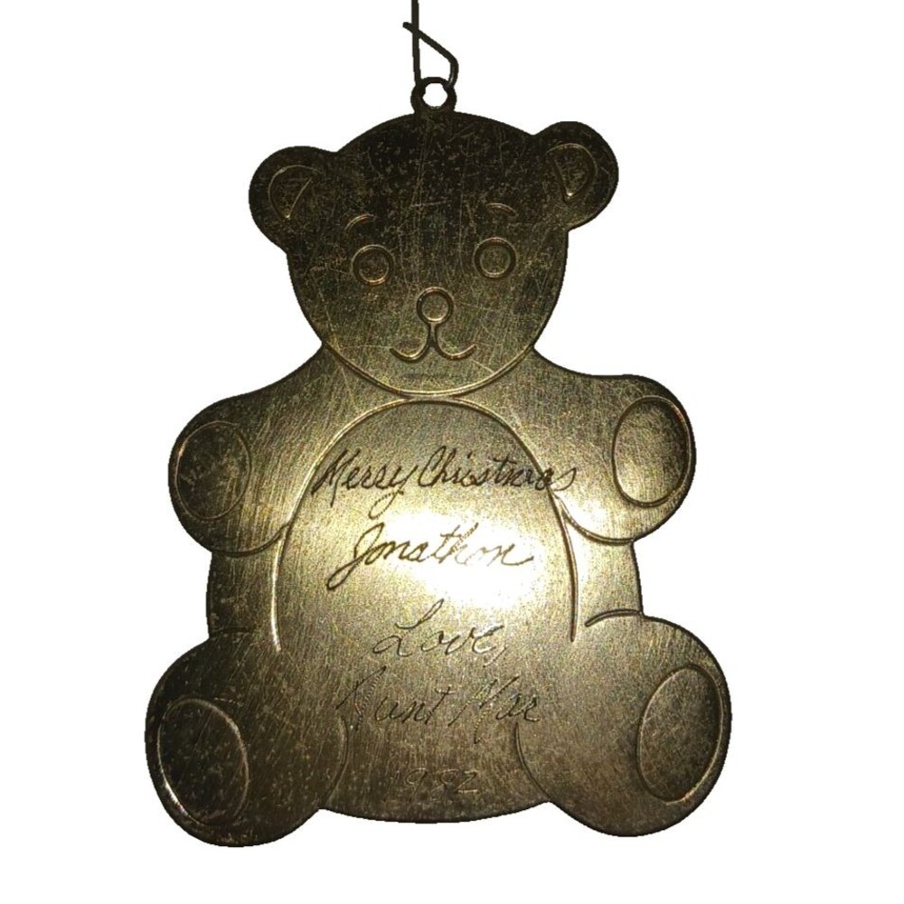 VTG Tin Teddy Bear Christmas Ornament Engraved Jonathan 1980s Punched